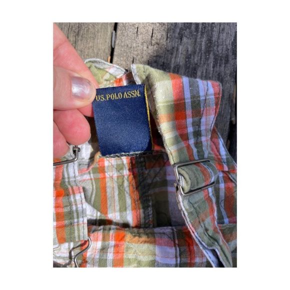 US Polo Association Plaid Shortalls Green Orange Sz 0-3M - Picture 5 of 5